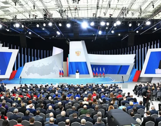 Russian President Vladimir Putin delivers his annual address to the Federal Assembly at Gostiny Dvor in Moscow, Russia. © Sputnik / Sergey ولادیمیر پوتین Guneev