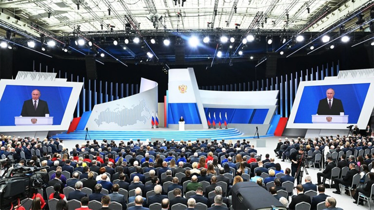 Russian President Vladimir Putin delivers his annual address to the Federal Assembly at Gostiny Dvor in Moscow, Russia. © Sputnik / Sergey ولادیمیر پوتین Guneev