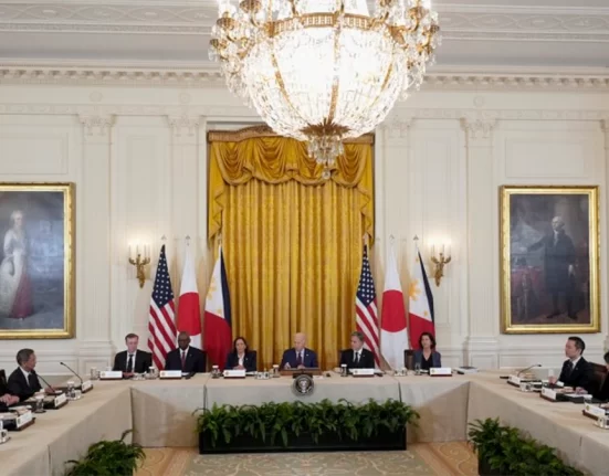 U.S. President Joe Biden, center, Philippine President Ferdinand Marcos Jr, left, and Japanese Prime Minister Fumio Kishida, right, attend a trilateral meeting in the East Room of the White House in Washington, on Thursday. Image: AP/Mark Schiefelbein